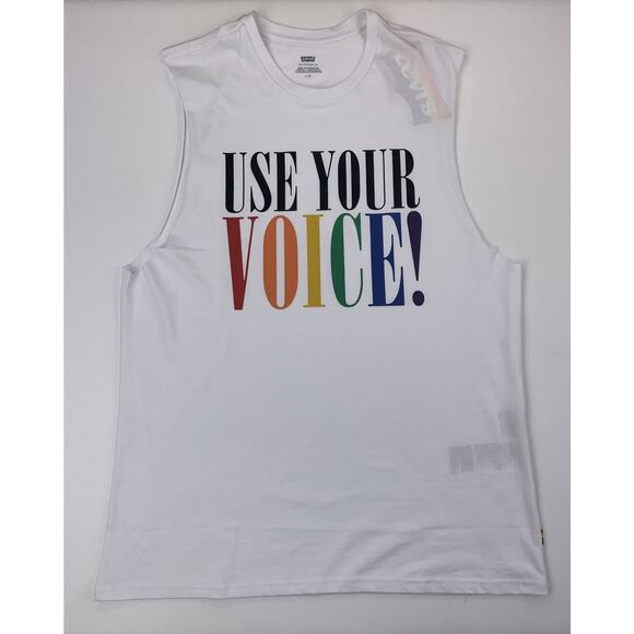 Levi's Mens Women Large L Pride Logo‎ "Use Your Voice!" LGBTQ White Tank Top NWT - Picture 1 of 9